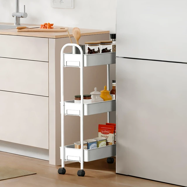 Alt view image 3 of 7 - Slim Rolling Cart, Metal Frame Utility Rolling 3-Tier Narrow Storage Cart Kitchen Storage Organizer, Mobile Shelving Unit for Bathroom Kitchen