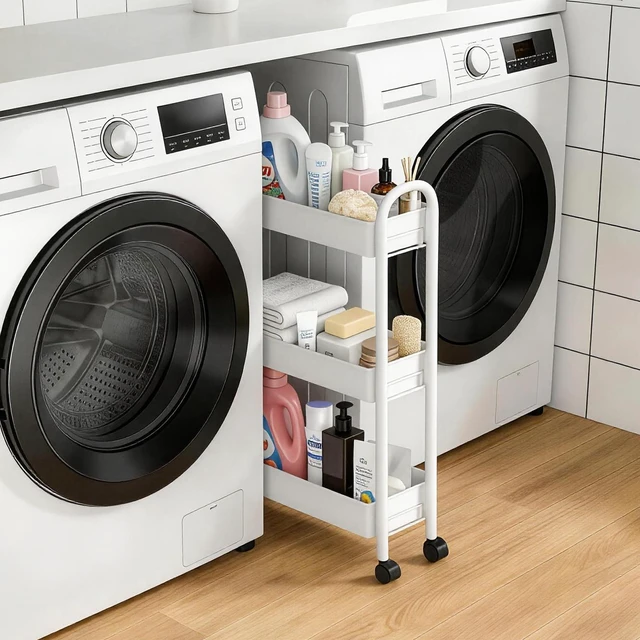 Alt view image 5 of 7 - Slim Rolling Cart, Metal Frame Utility Rolling 3-Tier Narrow Storage Cart Kitchen Storage Organizer, Mobile Shelving Unit for Bathroom Kitchen