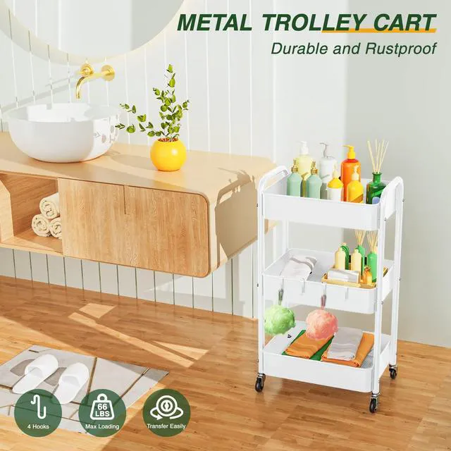Alt view image 2 of 7 - 3 Tier Rolling Cart, Metal Rolling Utility Cart with Lockable Wheels Multi-Functional Heavy Duty Storage Cart Organizer for Bathroom, Kitchen, Office, Living Room, Rolling Storage Trolley