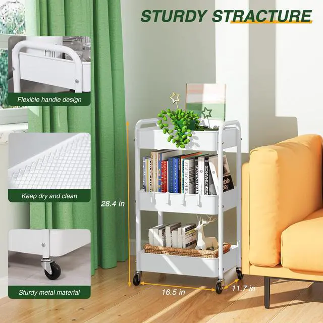 Alt view image 3 of 7 - 3 Tier Rolling Cart, Metal Rolling Utility Cart with Lockable Wheels Multi-Functional Heavy Duty Storage Cart Organizer for Bathroom, Kitchen, Office, Living Room, Rolling Storage Trolley