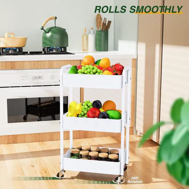 Alt view image 4 of 7 - 3 Tier Rolling Cart, Metal Rolling Utility Cart with Lockable Wheels Multi-Functional Heavy Duty Storage Cart Organizer for Bathroom, Kitchen, Office, Living Room, Rolling Storage Trolley