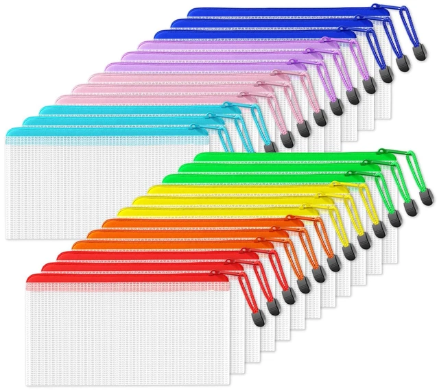 Main image of Plastic Mesh Zipper Pouch 4.6x9.2 in (8 Colors, 24 Packs), Small Water-Resistant Zip Bag for School Office Supplies, Pencil Organizing Storage
