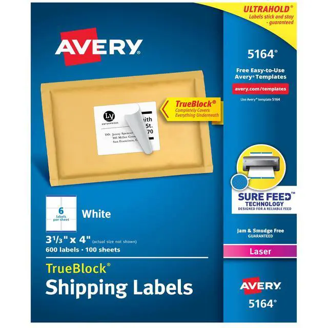 Main image of Printable Shipping Labels with Sure Feed, 3-1/3" x 4", White, 600 Blank Mailing Labels for Laser Printers (5164)