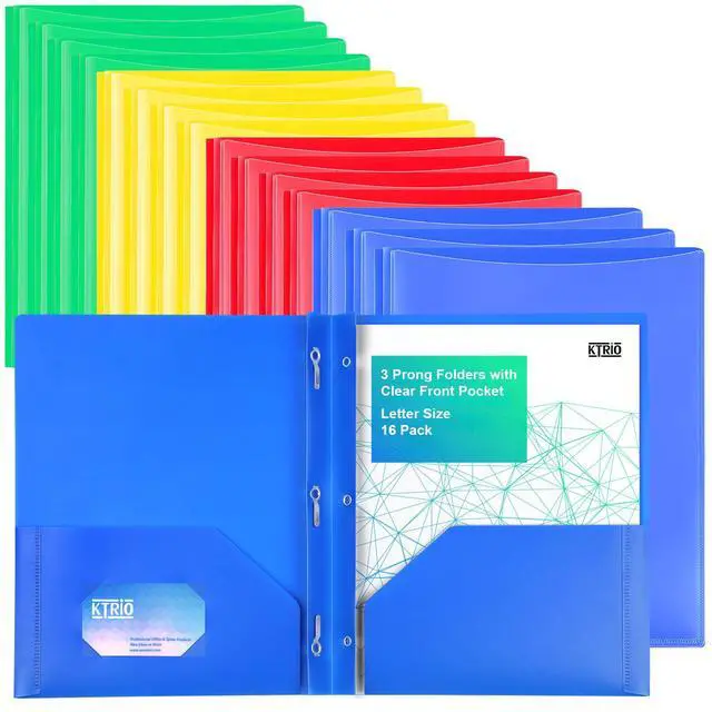Main image of 16 Pack 3 Prong Folders, Clear Front Pocket, Letter Size, 4 Colors Clear Front Pocket, 3 Prong Fasteners, Heavy Duty Poly, Letter Size Fit, 16 Pack 4 Colors