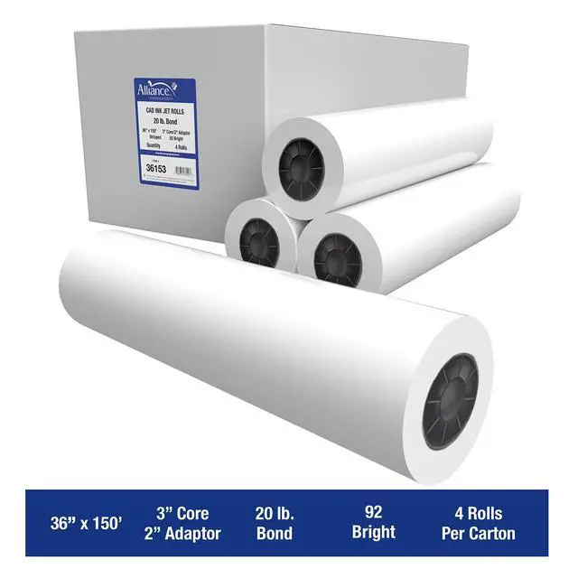 Alt view image 2 of 7 - Wide Format Paper CAD Bond Rolls (20lb | 4 Rolls, 36 In x 150 Ft | 3" Core)