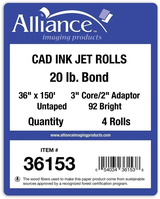 Alt view image 4 of 7 - Wide Format Paper CAD Bond Rolls (20lb | 4 Rolls, 36 In x 150 Ft | 3" Core)