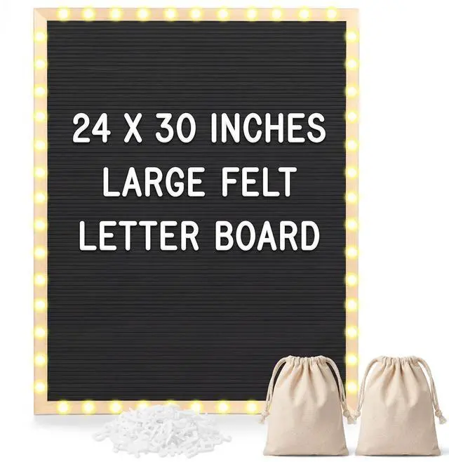 Main image of 24 x 30 Inches Felt Letter Board & LED Light, Black, Natural Wood Custom Changeable Felt Message Board with 600 Letters for Pregnancy Announcement Classroom Decor Poster