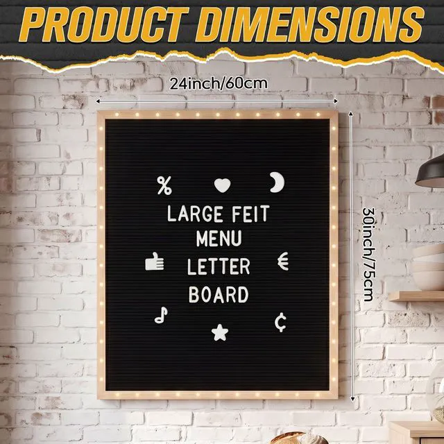 Alt view image 2 of 7 - 24 x 30 Inches Felt Letter Board & LED Light, Black, Natural Wood Custom Changeable Felt Message Board with 600 Letters for Pregnancy Announcement Classroom Decor Poster