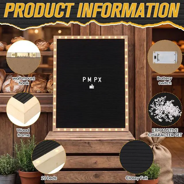 Alt view image 4 of 7 - 24 x 30 Inches Felt Letter Board & LED Light, Black, Natural Wood Custom Changeable Felt Message Board with 600 Letters for Pregnancy Announcement Classroom Decor Poster