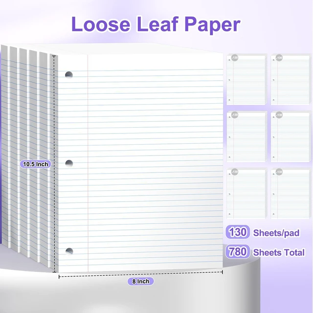 Alt view image 2 of 7 - 780 Sheets Loose Leaf Paper College Ruled, 8x10.5 White Notebook Paper 3 Hole Punched Lined Paper, 3 Ring Binders Notepad, 10-1/2" X 8 Filler Notebook Paper, Writing Paper Pads, School Supplies