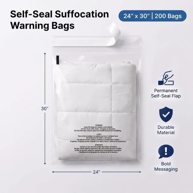 Alt view image 2 of 7 - 24" X 30" (200 Count) Self-Seal Clear Poly Bags With Suffocation Warning for Packaging, Shipping, Decor - Permanent Adhesive