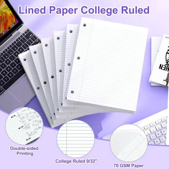 Alt view image 3 of 7 - 780 Sheets Loose Leaf Paper College Ruled, 8x10.5 White Notebook Paper 3 Hole Punched Lined Paper, 3 Ring Binders Notepad, 10-1/2" X 8 Filler Notebook Paper, Writing Paper Pads, School Supplies