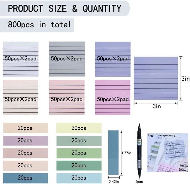 Alt view image 2 of 6 - 800Pcs Transparent Sticky Note, 3"x3" Clear Sticky Note with Line Waterproof Translucent Sticky Note for Books Annotation, Back to School Sticky Notes for Bible Study, School, Office