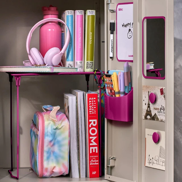 Alt view image 2 of 7 - 7-Piece Locker Organizer Kit, Includes Locker Shelf, Mirror, Whiteboard, Storage Cup & Dry Erase Marker, Pink