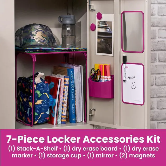 Alt view image 3 of 7 - 7-Piece Locker Organizer Kit, Includes Locker Shelf, Mirror, Whiteboard, Storage Cup & Dry Erase Marker, Pink