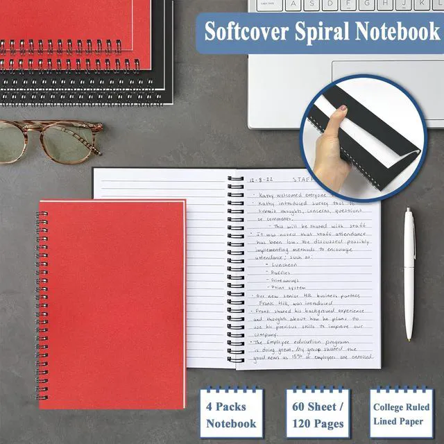 Alt view image 5 of 7 - 4Pack Spiral Notebook, 5.7x8.3 Small Notebooks for Work 120 Page Note Pads Multipack Blank Kraft A5 College Ruled Notebook Journal Spiral Bound for Writing Lined Notepad for Office School Journaling