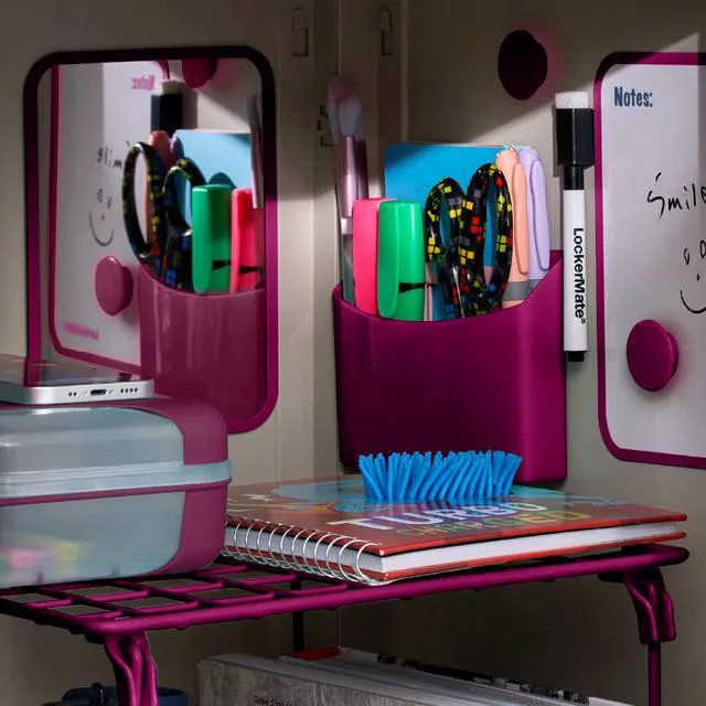 Alt view image 7 of 7 - 7-Piece Locker Organizer Kit, Includes Locker Shelf, Mirror, Whiteboard, Storage Cup & Dry Erase Marker, Pink