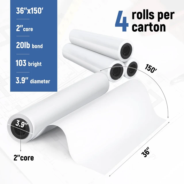 Alt view image 2 of 7 - 36" x 150' Wide Format Plotter Paper 4 Rolls CAD Bond Paper Rolls 2" Core for CAD Printing on Wide Format Printers