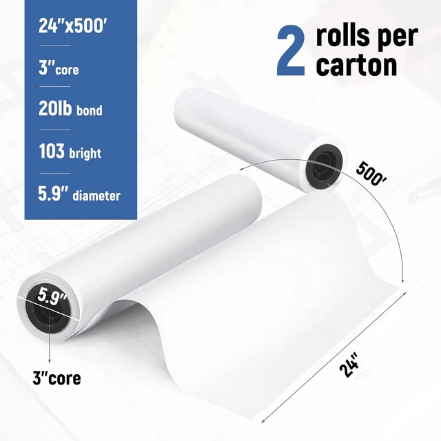 Alt view image 2 of 7 - 24" x 500' Plotter Paper 2 Rolls 3" Core Wide Format Paper, Engineering Rolls Printing on Wide Format Inkjet Printers