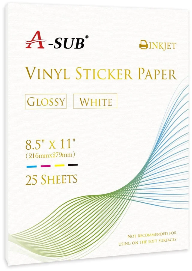 Main image of Vinyl Sticker Paper for Inkjet Printer, Glossy Waterproof, 25 Sheets 8.5x11 Inch, Printable Vinyl for Custom Stickers