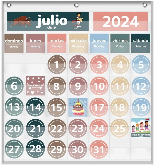 Main image of Monthly Calendar Pocket Chart for Classroom(Spanish White) Printed Days of The Week with CardsLearning for Home or Kindergarten, Teacher Must Have Supplies That Fits Any School Décor