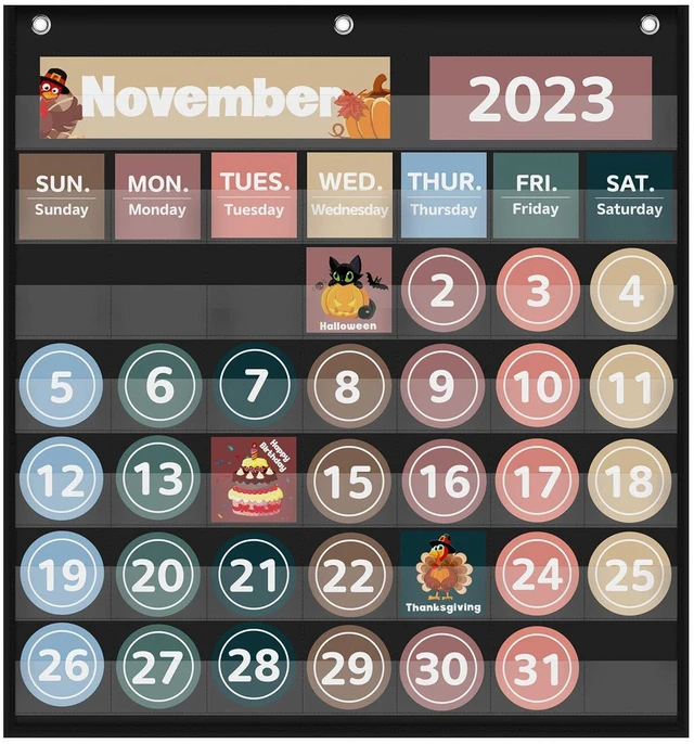 Main image of Monthly Classroom Calendar Pocket Chart (Black) Printed Days of The Week with CardsLearning for Home or Kindergarten, Teacher Must Have Supplies That Fits Any School Décor