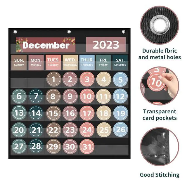 Alt view image 3 of 6 - Monthly Classroom Calendar Pocket Chart (Black) Printed Days of The Week with CardsLearning for Home or Kindergarten, Teacher Must Have Supplies That Fits Any School Décor