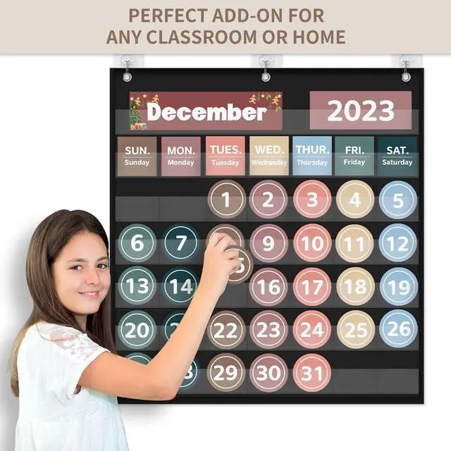 Alt view image 4 of 6 - Monthly Classroom Calendar Pocket Chart (Black) Printed Days of The Week with CardsLearning for Home or Kindergarten, Teacher Must Have Supplies That Fits Any School Décor