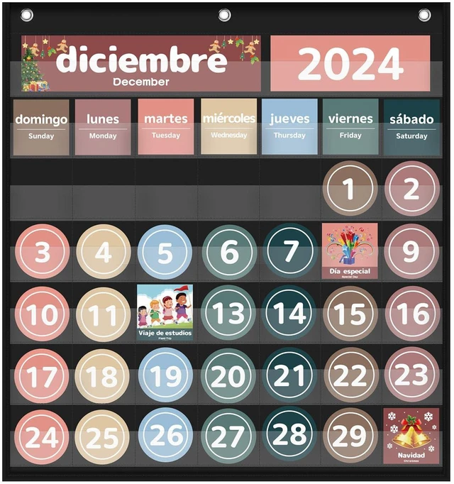 Main image of Monthly Calendar Pocket Chart for Classroom(Spanish Black) Printed Days of The Week with CardsLearning for Home or Kindergarten, Teacher Must Have Supplies That Fits Any School Décor