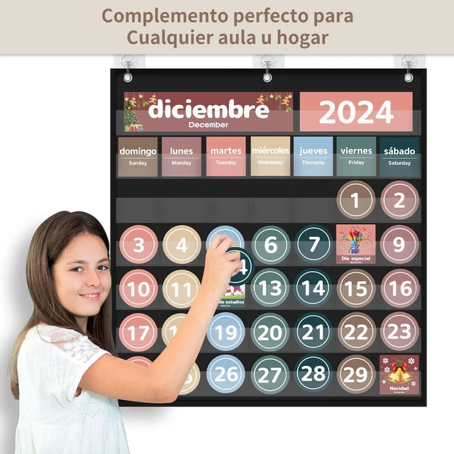 Alt view image 3 of 6 - Monthly Calendar Pocket Chart for Classroom(Spanish Black) Printed Days of The Week with CardsLearning for Home or Kindergarten, Teacher Must Have Supplies That Fits Any School Décor