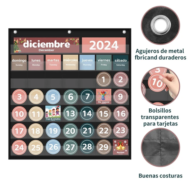 Alt view image 4 of 6 - Monthly Calendar Pocket Chart for Classroom(Spanish Black) Printed Days of The Week with CardsLearning for Home or Kindergarten, Teacher Must Have Supplies That Fits Any School Décor