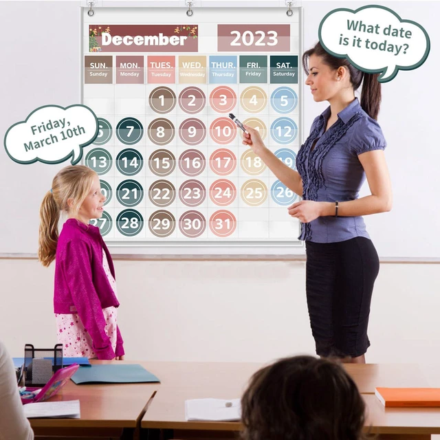 Alt view image 2 of 6 - Monthly Classroom Calendar Pocket Chart (White) Printed Days of The Week with CardsLearning for Home or Kindergarten, Teacher Must Have Supplies That Fits Any School Décor