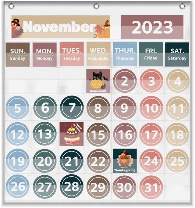 Main image of Monthly Classroom Calendar Pocket Chart (White) Printed Days of The Week with CardsLearning for Home or Kindergarten, Teacher Must Have Supplies That Fits Any School Décor