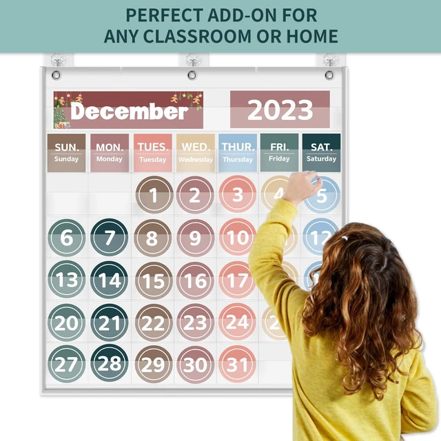 Alt view image 3 of 6 - Monthly Classroom Calendar Pocket Chart (White) Printed Days of The Week with CardsLearning for Home or Kindergarten, Teacher Must Have Supplies That Fits Any School Décor