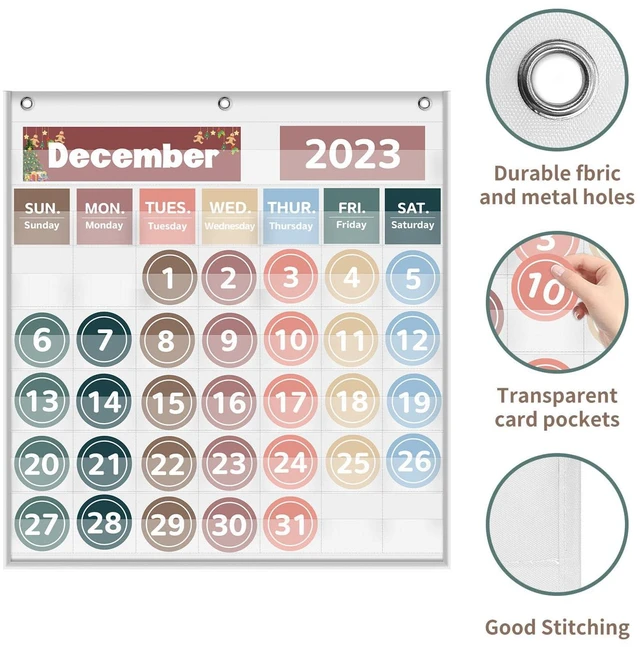 Alt view image 4 of 6 - Monthly Classroom Calendar Pocket Chart (White) Printed Days of The Week with CardsLearning for Home or Kindergarten, Teacher Must Have Supplies That Fits Any School Décor