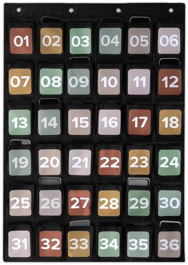 Main image of Cell Phone Holder for Classroom - Durable Pocket Chart, 36 Numbered Slots Hanging Chart with Hooks for Phones, Calculators and Headphones - Fits Nicely with Any School Decor