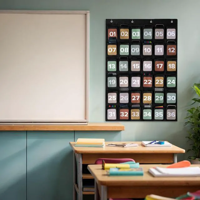 Alt view image 2 of 7 - Cell Phone Holder for Classroom - Durable Pocket Chart, 36 Numbered Slots Hanging Chart with Hooks for Phones, Calculators and Headphones - Fits Nicely with Any School Decor