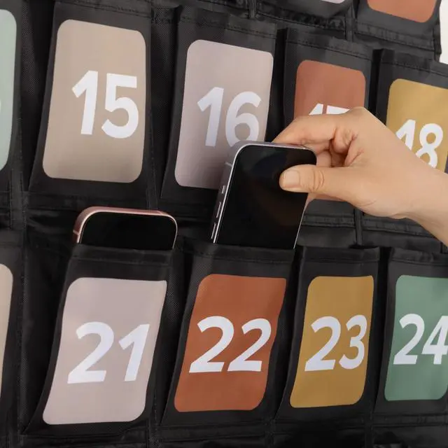 Alt view image 3 of 7 - Cell Phone Holder for Classroom - Durable Pocket Chart, 36 Numbered Slots Hanging Chart with Hooks for Phones, Calculators and Headphones - Fits Nicely with Any School Decor