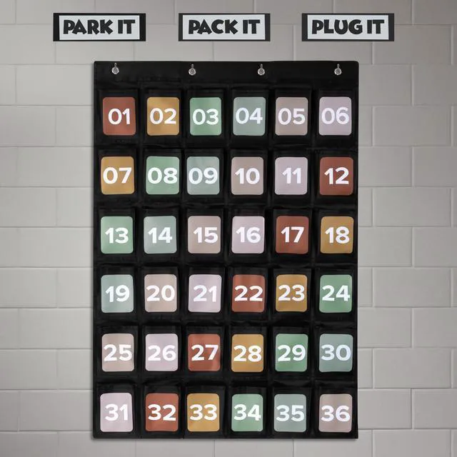 Alt view image 4 of 7 - Cell Phone Holder for Classroom - Durable Pocket Chart, 36 Numbered Slots Hanging Chart with Hooks for Phones, Calculators and Headphones - Fits Nicely with Any School Decor