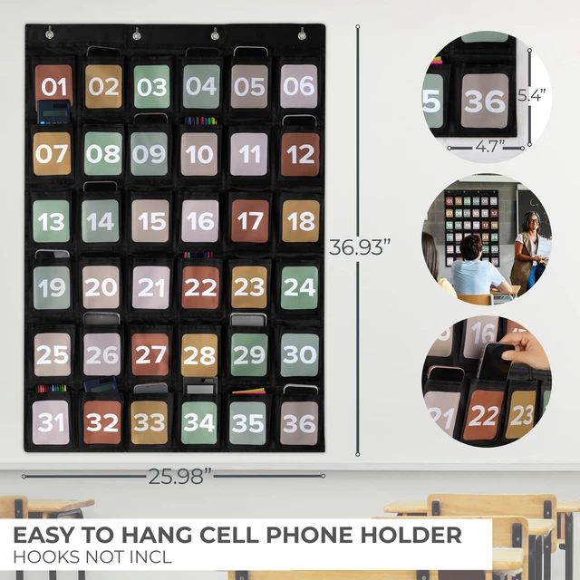 Alt view image 5 of 7 - Cell Phone Holder for Classroom - Durable Pocket Chart, 36 Numbered Slots Hanging Chart with Hooks for Phones, Calculators and Headphones - Fits Nicely with Any School Decor