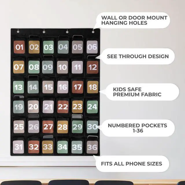 Alt view image 6 of 7 - Cell Phone Holder for Classroom - Durable Pocket Chart, 36 Numbered Slots Hanging Chart with Hooks for Phones, Calculators and Headphones - Fits Nicely with Any School Decor