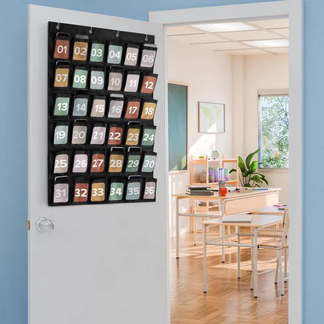 Alt view image 7 of 7 - Cell Phone Holder for Classroom - Durable Pocket Chart, 36 Numbered Slots Hanging Chart with Hooks for Phones, Calculators and Headphones - Fits Nicely with Any School Decor