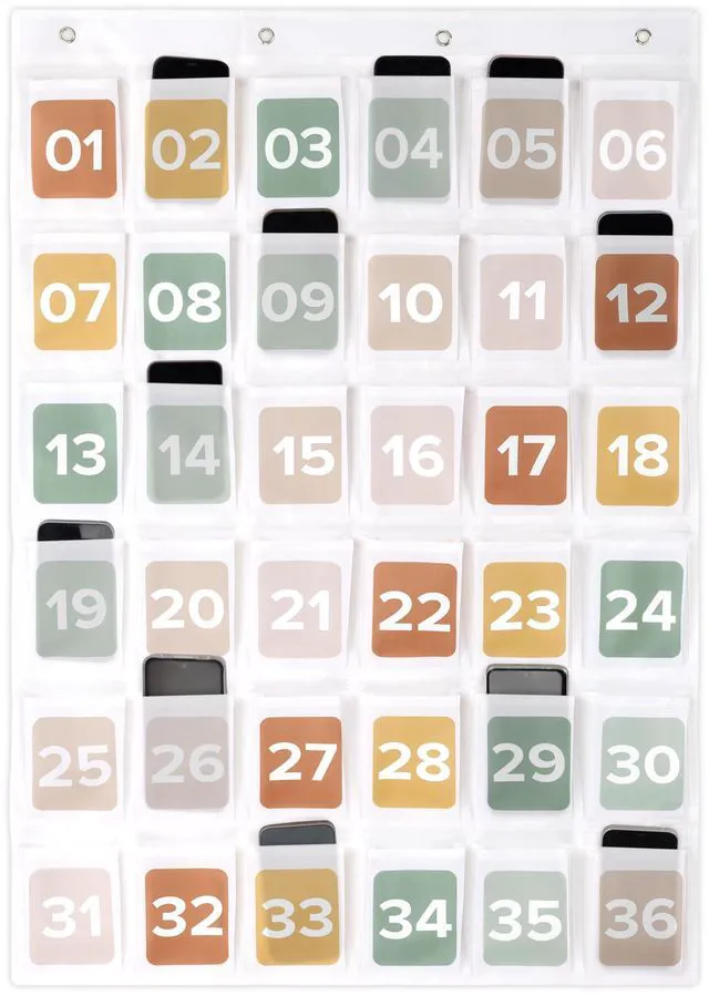 Main image of Cell Phone Holder for Classroom - Durable Pocket Chart, 36 Numbered Slots Hanging Chart with Hooks for Phones, Calculators and Headphones - Fits Nicely with Any School Decor