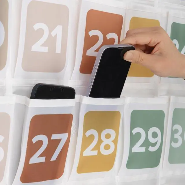 Alt view image 3 of 7 - Cell Phone Holder for Classroom - Durable Pocket Chart, 36 Numbered Slots Hanging Chart with Hooks for Phones, Calculators and Headphones - Fits Nicely with Any School Decor