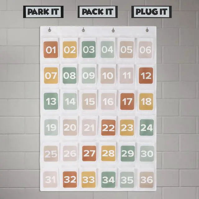 Alt view image 4 of 7 - Cell Phone Holder for Classroom - Durable Pocket Chart, 36 Numbered Slots Hanging Chart with Hooks for Phones, Calculators and Headphones - Fits Nicely with Any School Decor