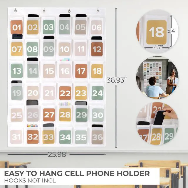 Alt view image 5 of 7 - Cell Phone Holder for Classroom - Durable Pocket Chart, 36 Numbered Slots Hanging Chart with Hooks for Phones, Calculators and Headphones - Fits Nicely with Any School Decor