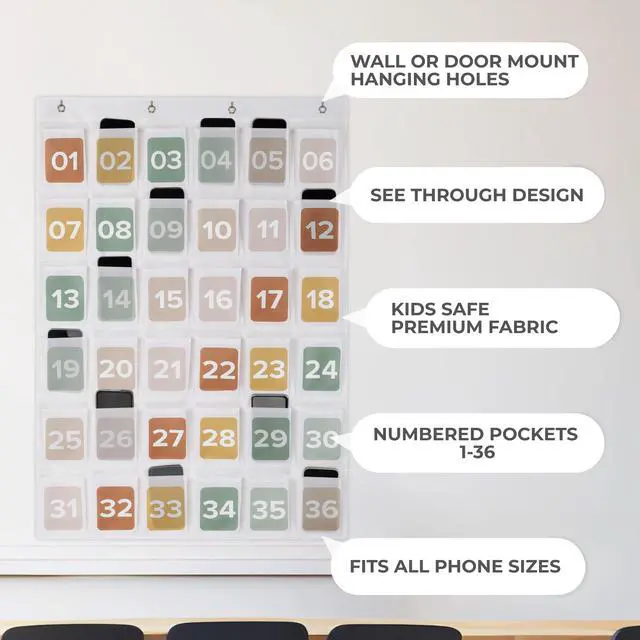 Alt view image 6 of 7 - Cell Phone Holder for Classroom - Durable Pocket Chart, 36 Numbered Slots Hanging Chart with Hooks for Phones, Calculators and Headphones - Fits Nicely with Any School Decor