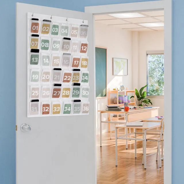 Alt view image 7 of 7 - Cell Phone Holder for Classroom - Durable Pocket Chart, 36 Numbered Slots Hanging Chart with Hooks for Phones, Calculators and Headphones - Fits Nicely with Any School Decor