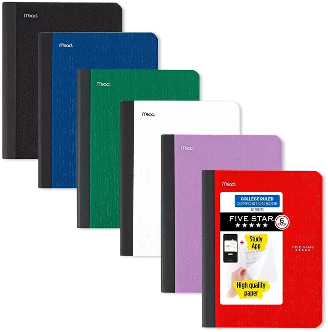 Main image of Composition Books + Study App, 6 Pack, College Ruled Paper, 9-3/4" x 7-1/2", 80 Sheets, Black, Red, Green, Blue, Purple, White (850065A-ECM)
