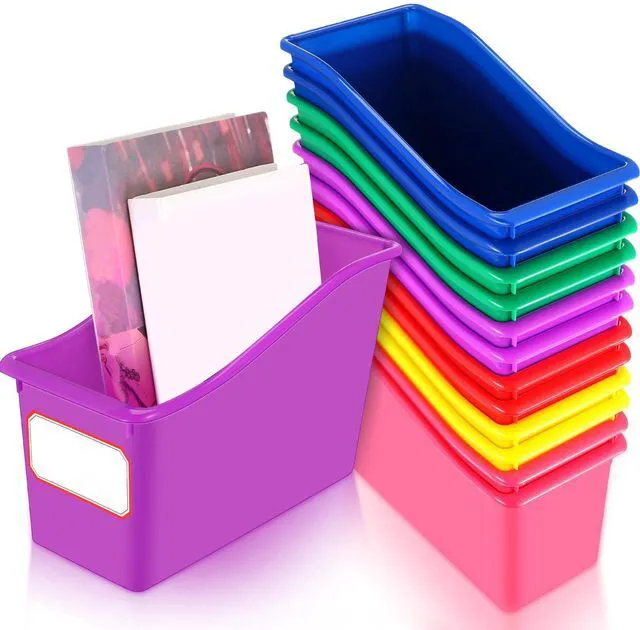 Main image of 12 Pcs Book Bins Bulk for Classroom Storage Plastic Magazine Holder with Label Interlocking File Folder Organizer Binder Container Box for School Office Desktop Bookshelf Home (Rainbow)